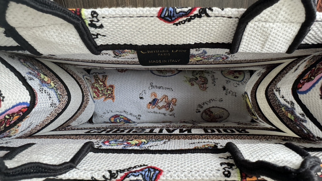 small D*or book tote white multicolor dragon zodiac embroidery 10.5 x 8.5 x 5.5 inches