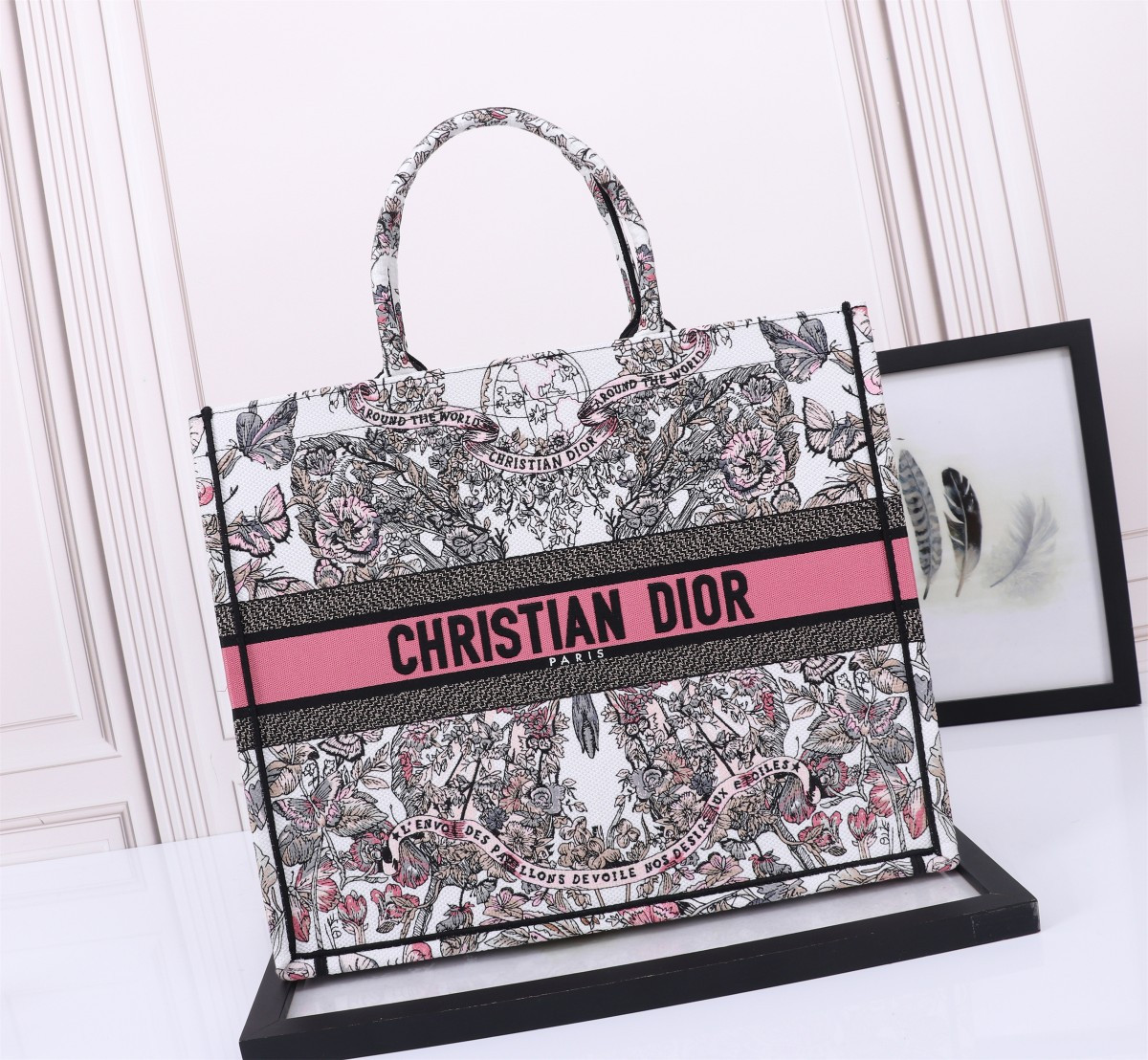 large D*or book tote white and pastel pink butterfly around the world embroidery 16.5 x 14 x 7.5 inches