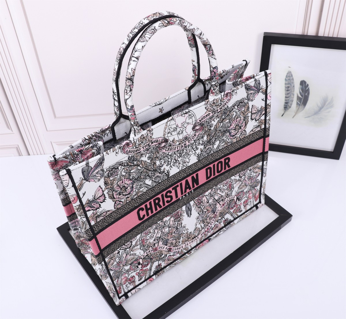 large D*or book tote white and pastel pink butterfly around the world embroidery 16.5 x 14 x 7.5 inches