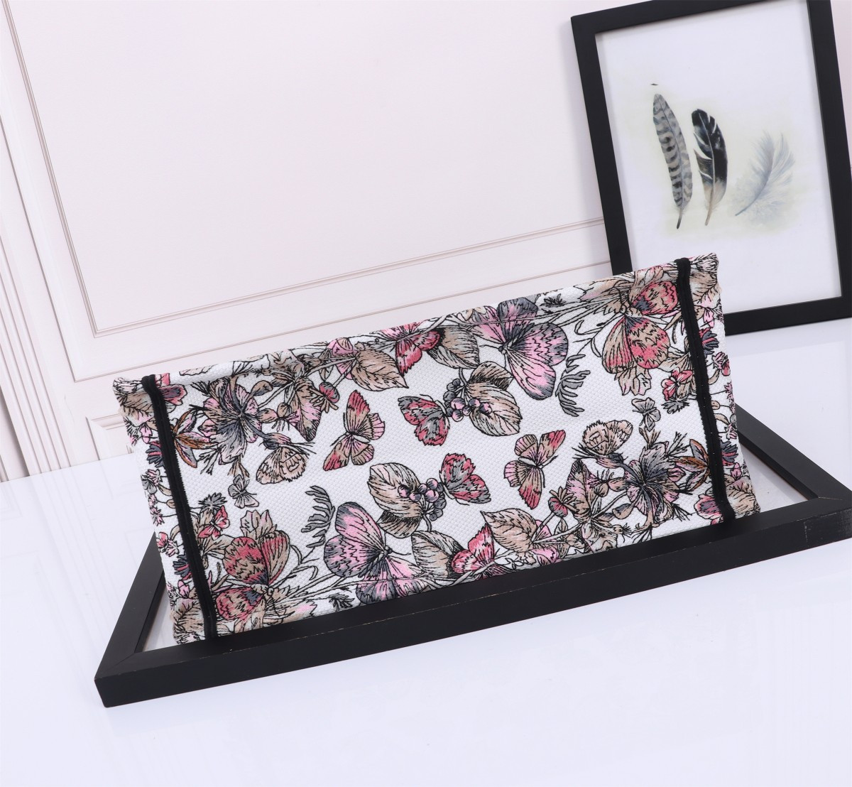 medium D*or book tote  white and pastel pink butterfly around the world embroidery 14 x 11 x 6.5 inches