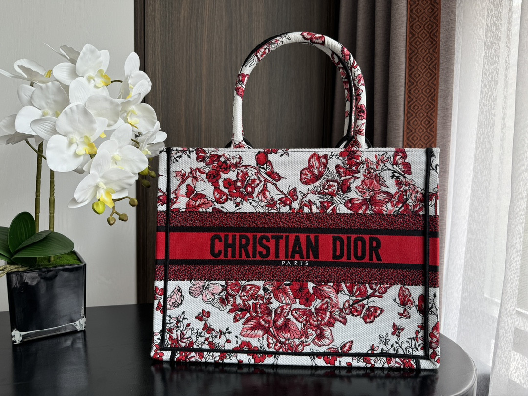 medium D*or book tote  white and red le cœur des papillons embroidery 14 x 11 x 6.5 inches