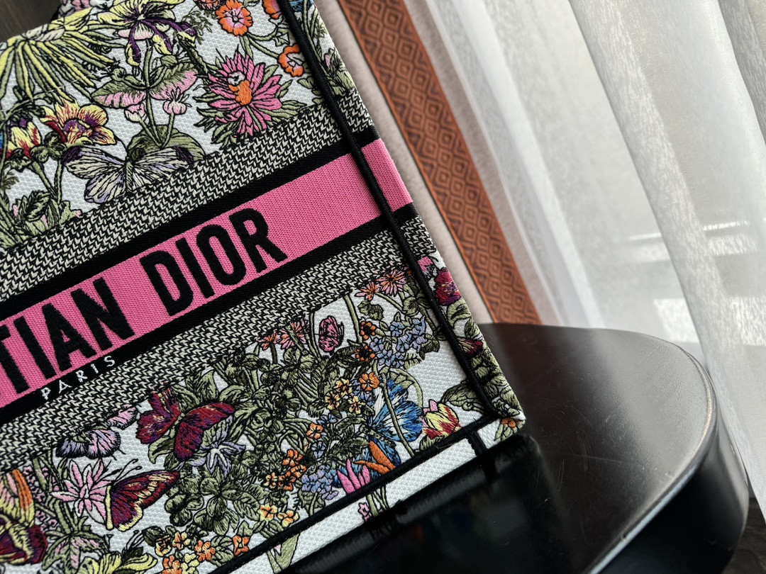 medium D*or book tote  white multicolor mexico millefiori embroidery 14 x 11 x 6.5 inches