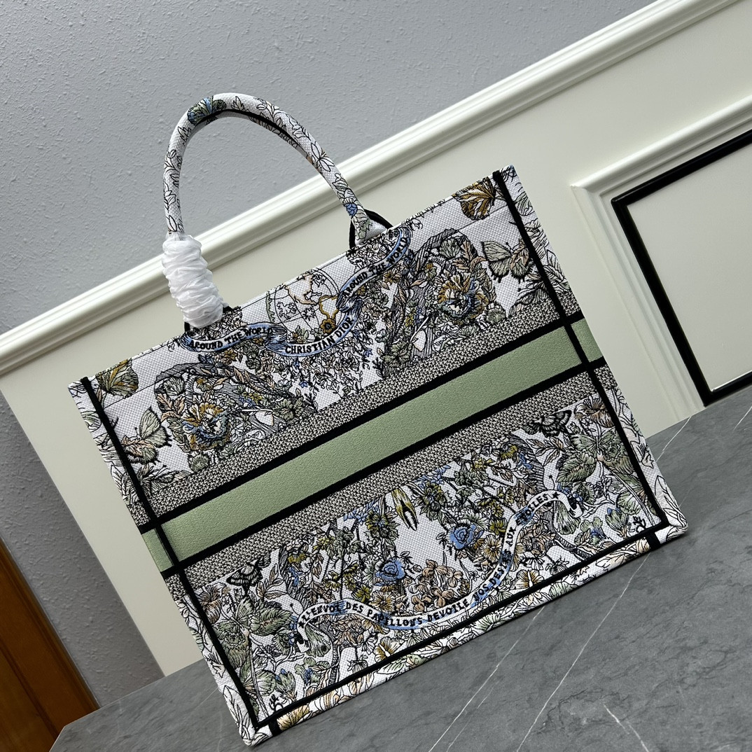 large D*or book tote white multicolor toile de jouy mexico embroidery 16.5 x 14 x 7.5 inches