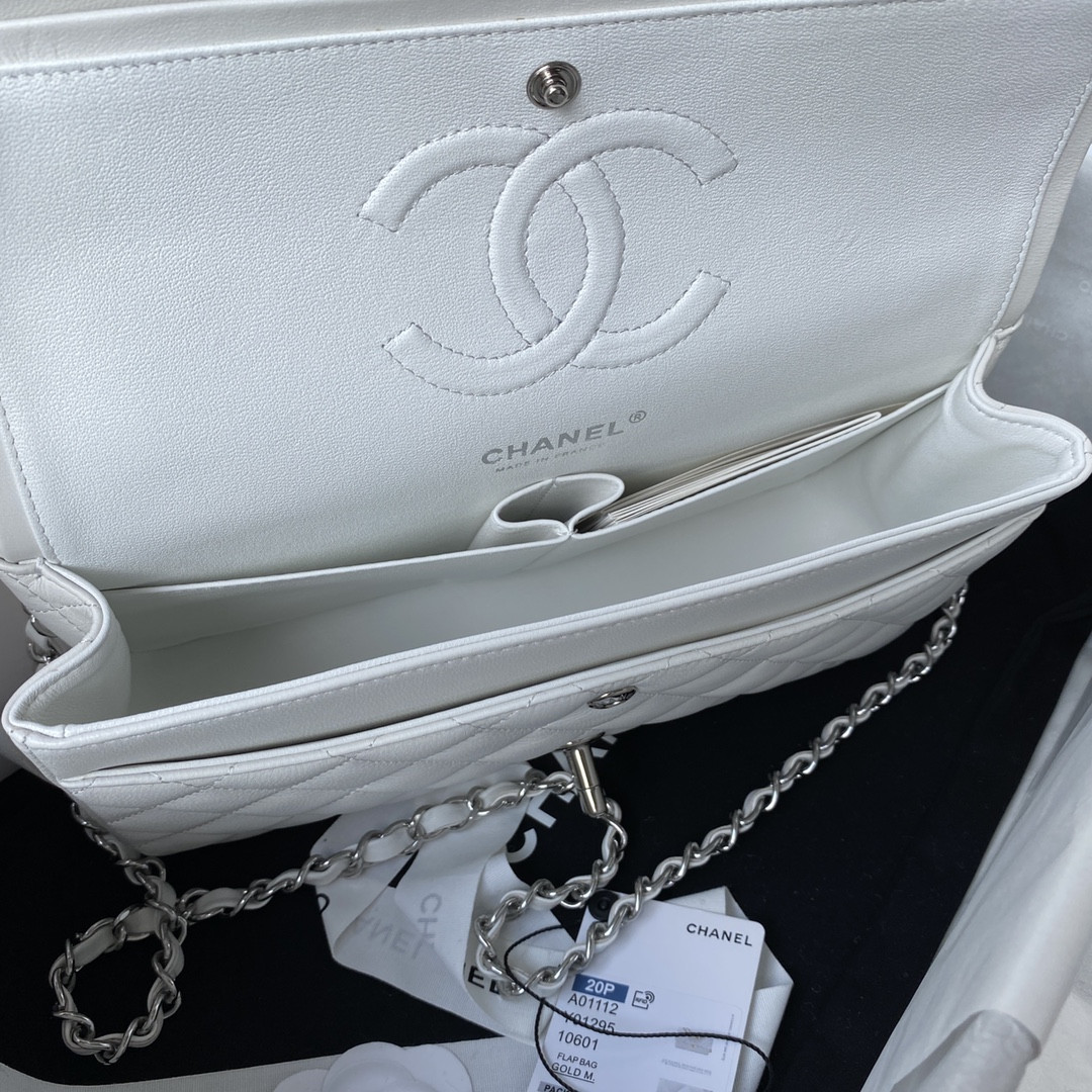 Ch*el classic handbag grained shiny calfskin & silver-tone metal white 6 × 9.9 × 2.5 in