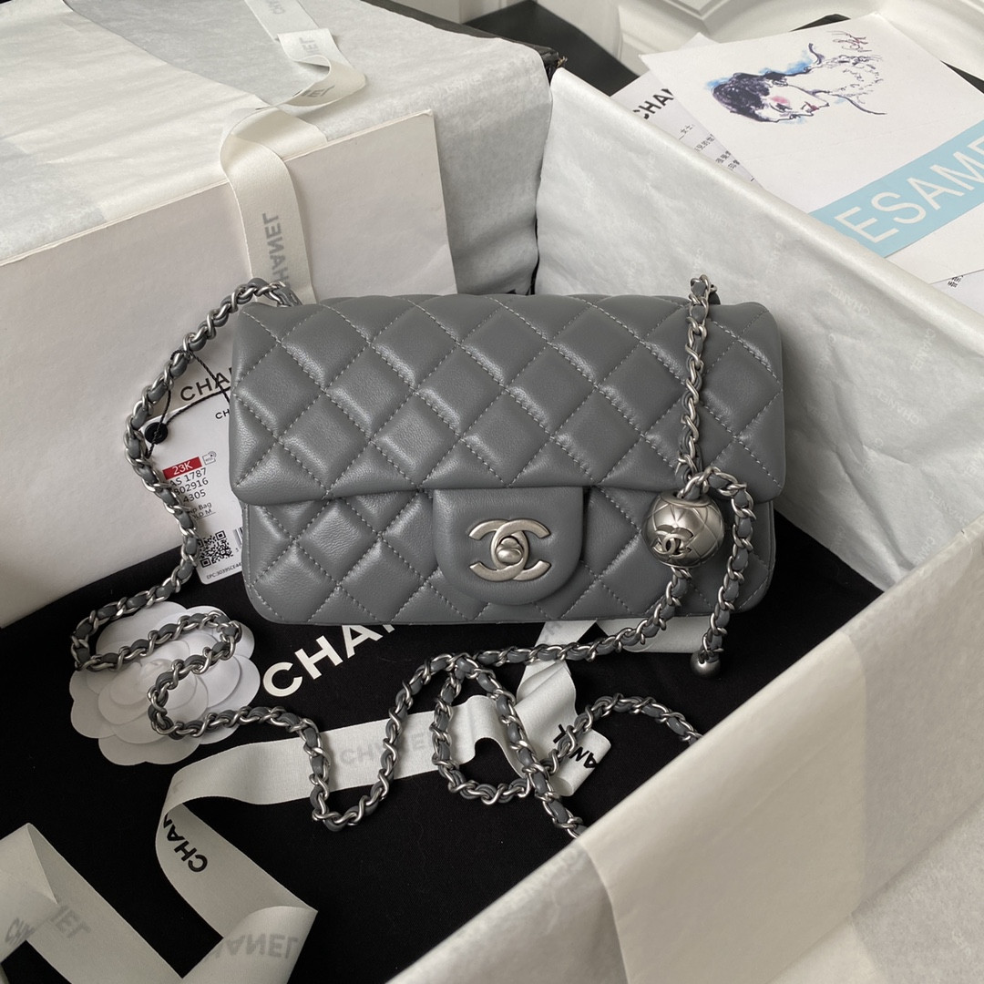 Ch*el mini flap bag shiny calfskin & silver-tone metal gray 4.7 × 7.8 × 2.3 in