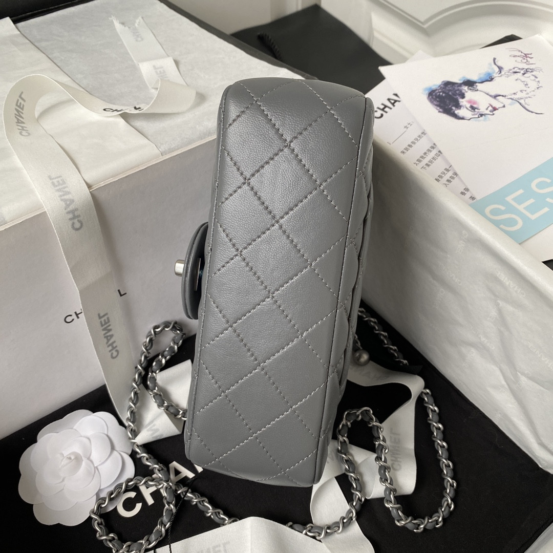 Ch*el mini flap bag shiny calfskin & silver-tone metal gray 4.7 × 7.8 × 2.3 in
