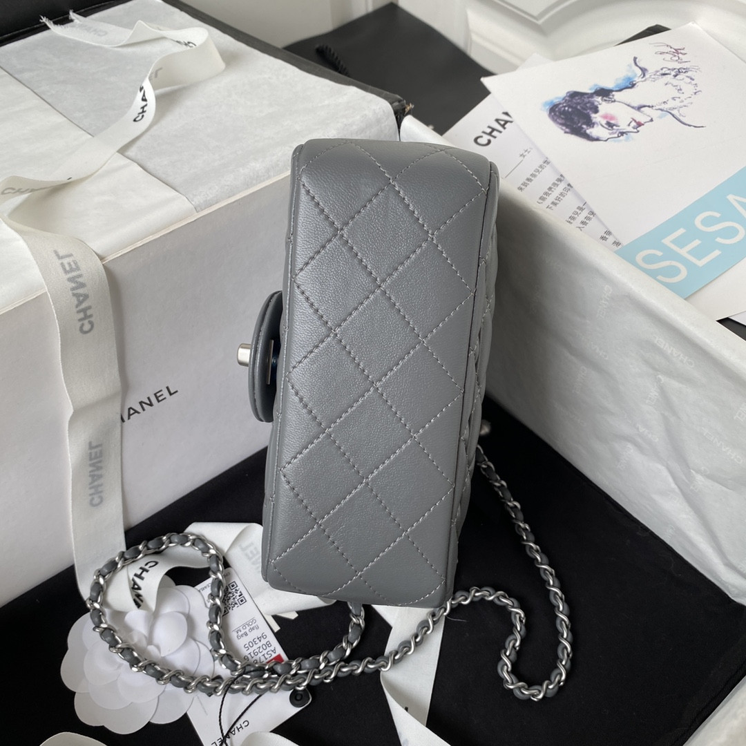 Ch*el mini flap bag shiny calfskin & silver-tone metal gray 5.3 × 6.6 × 3.1 in