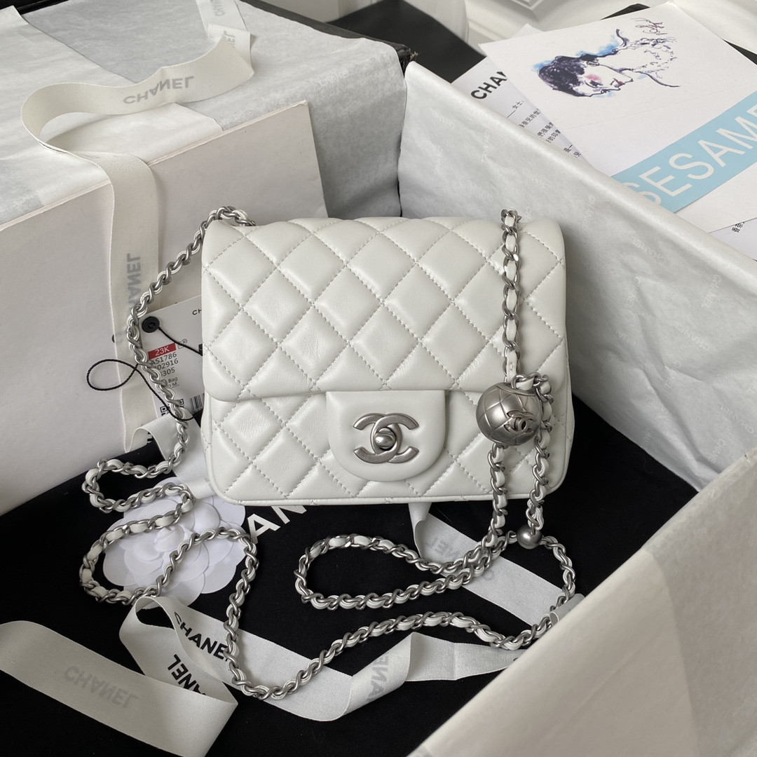 Ch*el mini flap bag shiny calfskin & silver-tone metal white 5.3 × 6.6 × 3.1 in