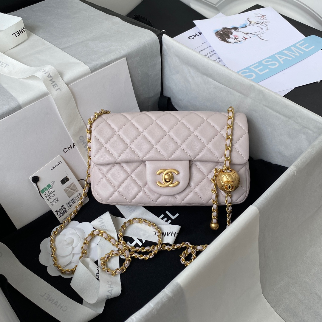 Ch*el mini flap bag shiny calfskin & gold-tone metal light pink 4.7 × 7.8 × 2.3 in