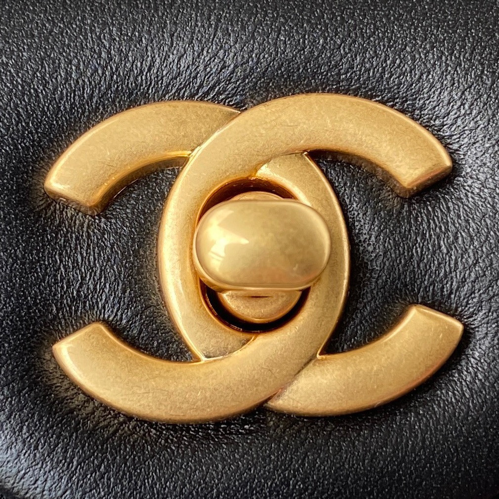 Ch*el mini flap bag shiny calfskin & gold-tone metal black 5.3 × 6.6 × 3.1 in