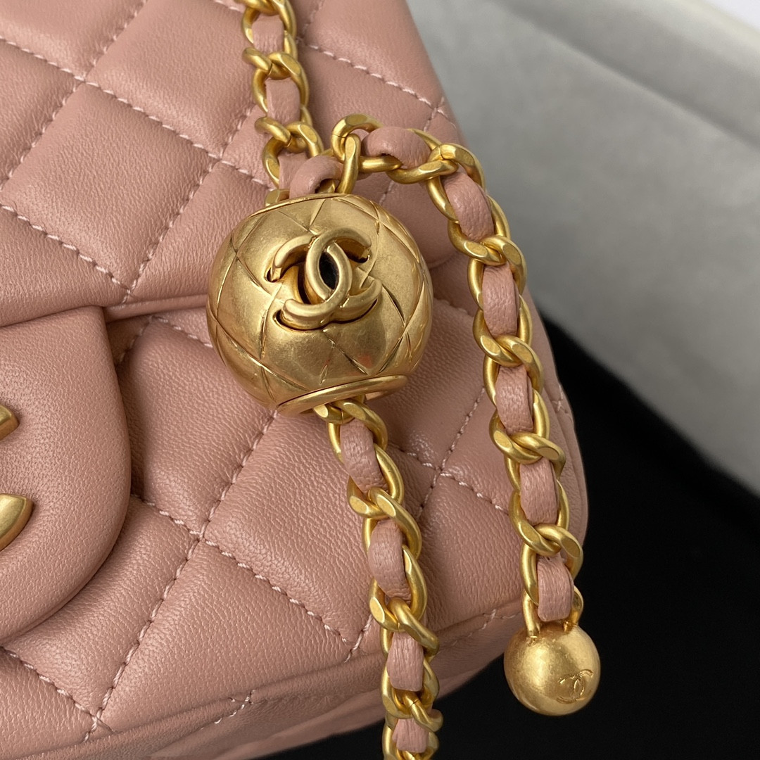 Ch*el mini flap bag shiny calfskin & gold-tone metal pink 5.3 × 6.6 × 3.1 in