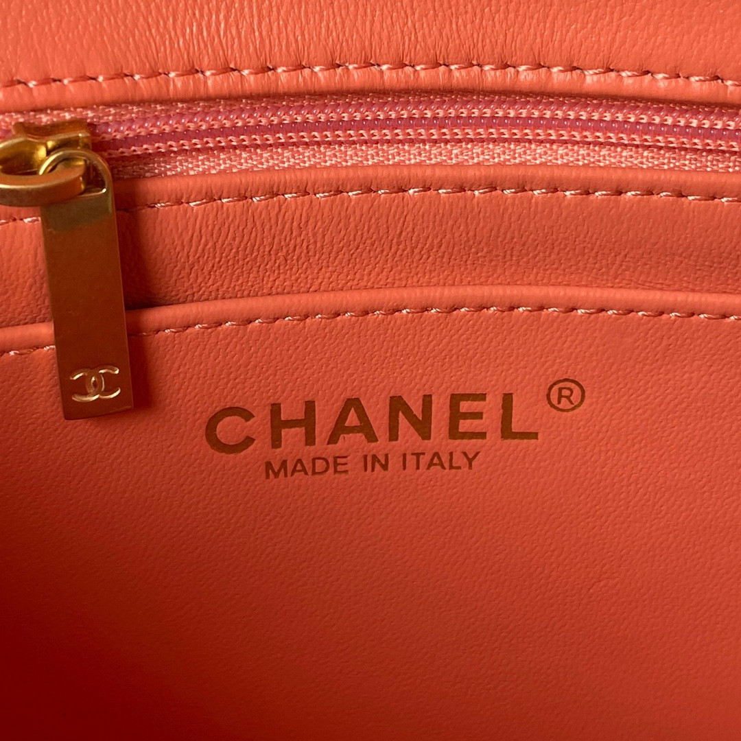 Ch*el mini flap bag shiny calfskin & gold-tone metal orange 5.3 × 6.6 × 3.1 in