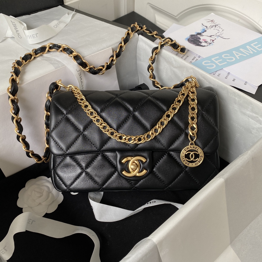 Ch*el small classic handbag grained shiny calfskin & gold-tone metal black 5.7 × 9 × 2.3 in