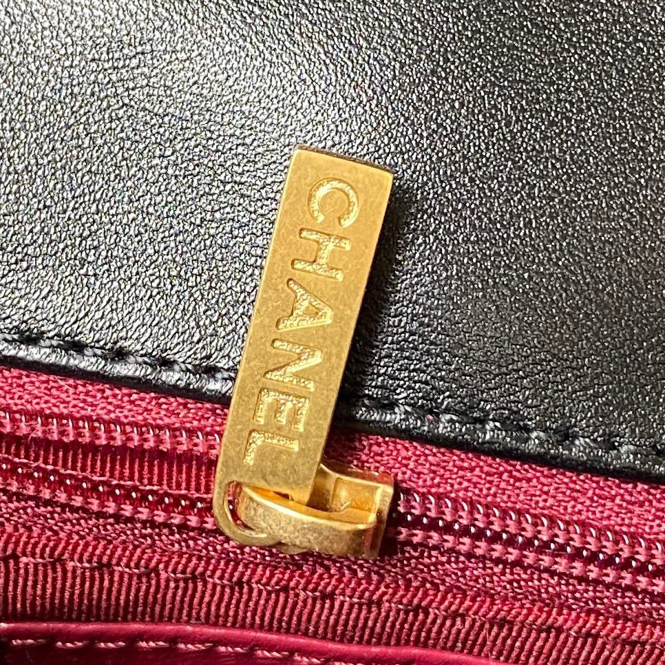 Ch*el small classic handbag grained shiny calfskin & gold-tone metal black 5.7 × 9 × 2.3 in