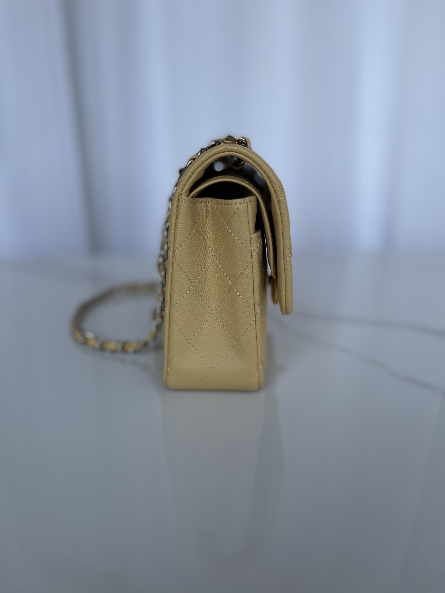 Ch*el classic handbag grained calfskin & silver-tone metal yellow 6 × 9.9 × 2.5 in
