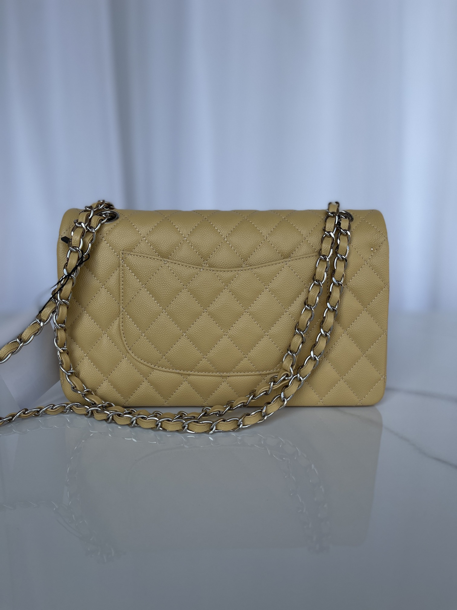 Ch*el classic handbag grained calfskin & silver-tone metal yellow 6 × 9.9 × 2.5 in