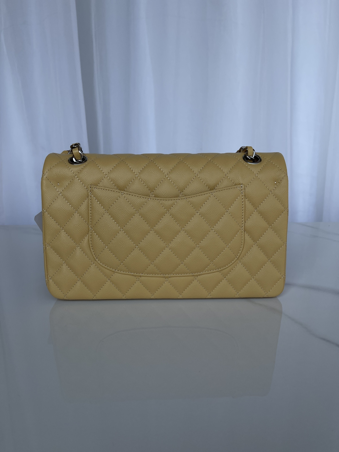 Ch*el classic handbag grained calfskin & silver-tone metal yellow 6 × 9.9 × 2.5 in