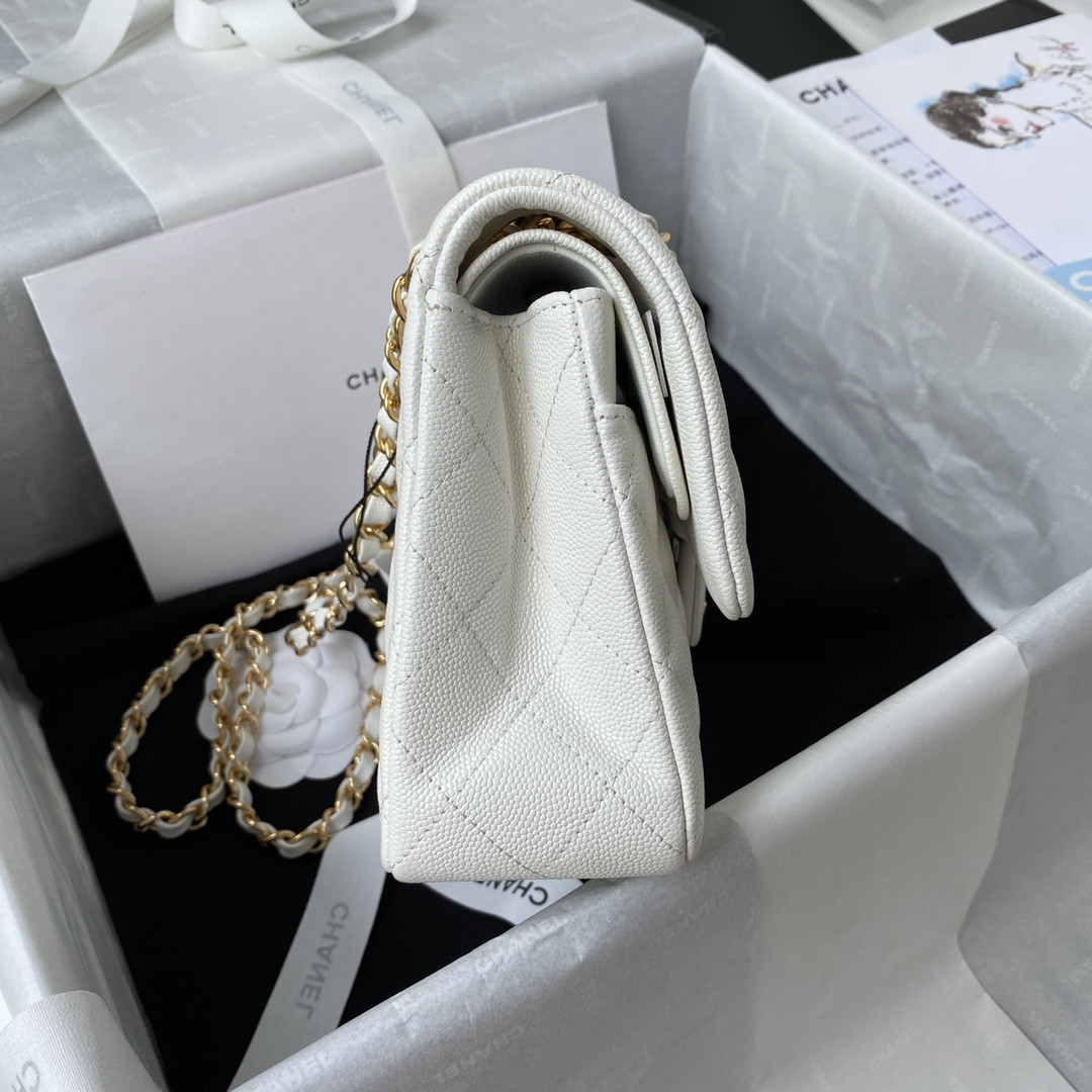 Ch*el small classic handbag grained calfskin & gold-tone metal white 5.7 × 9 × 2.3 in
