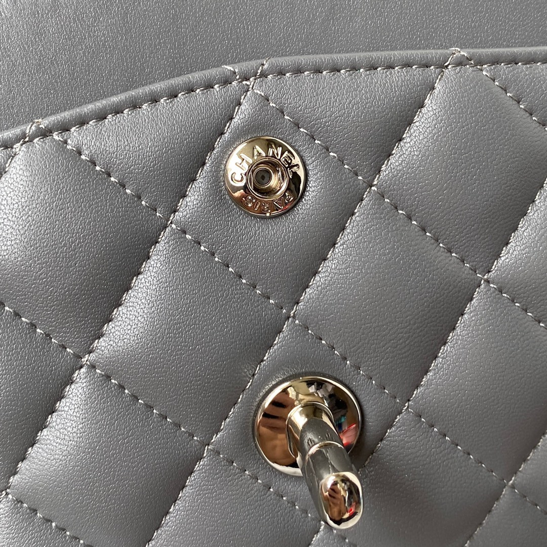 Ch*el small classic handbag grained shiny calfskin & silver-tone metal gray 5.7 × 9 × 2.3 in