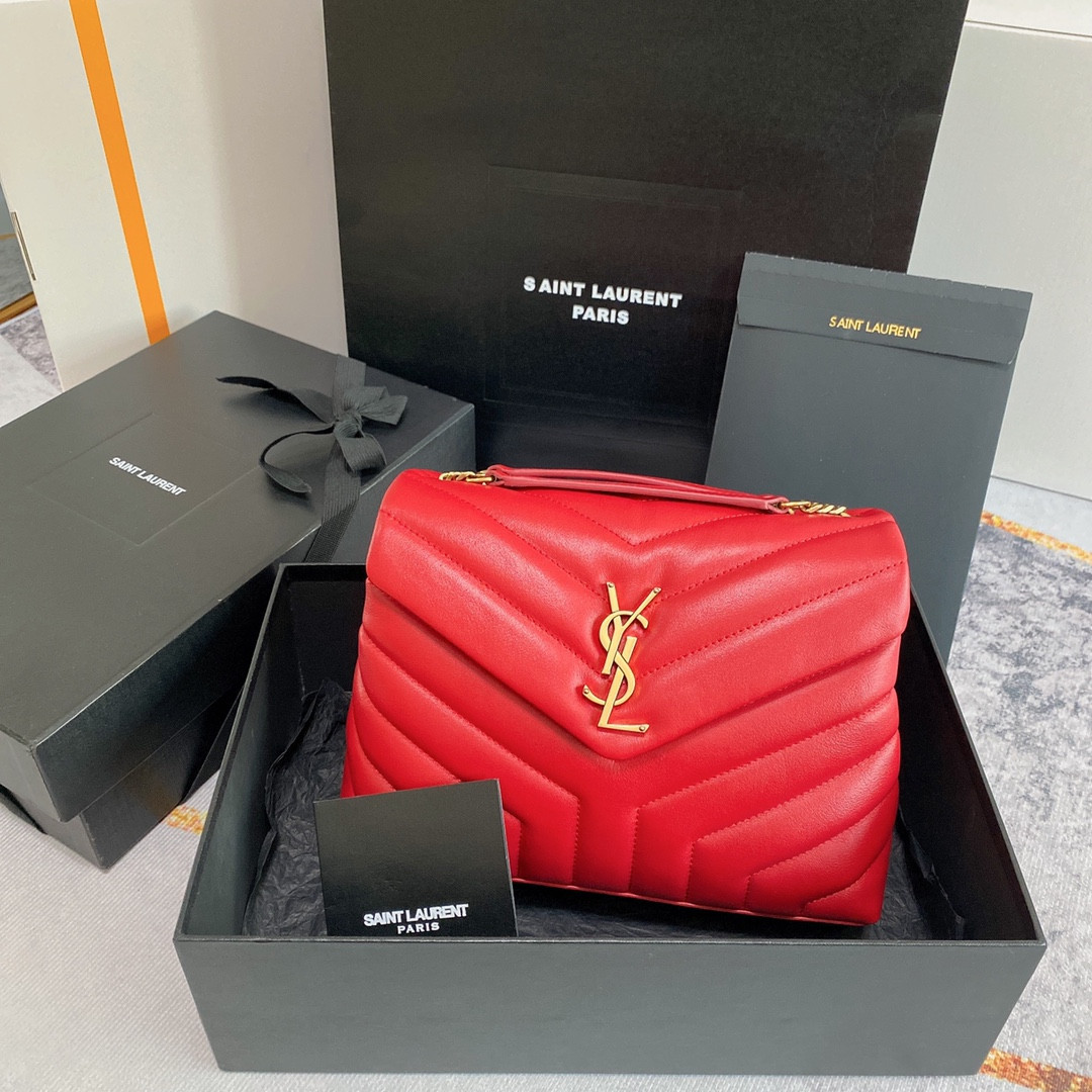 Y*L loulou small in quilted leather shiny red gold 9 x 6.1 x 3.3 inches