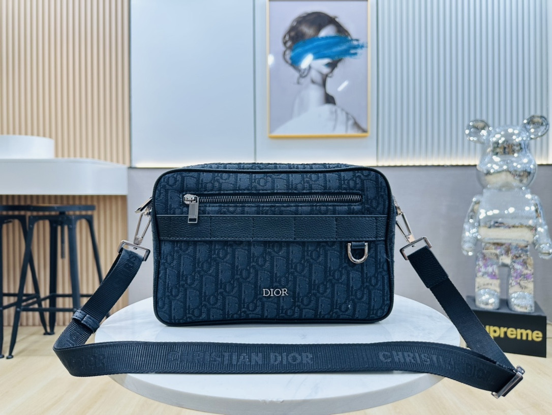 D*or maxi safari bag with strap blue D*or oblique jacquard 10 x 6.5 x 3 inches