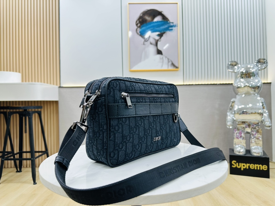 D*or maxi safari bag with strap blue D*or oblique jacquard 10 x 6.5 x 3 inches