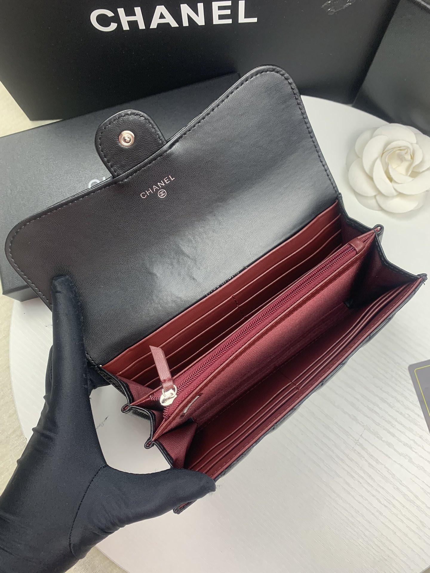 Ch*el flap wallet black silver 19.5 x10 cm