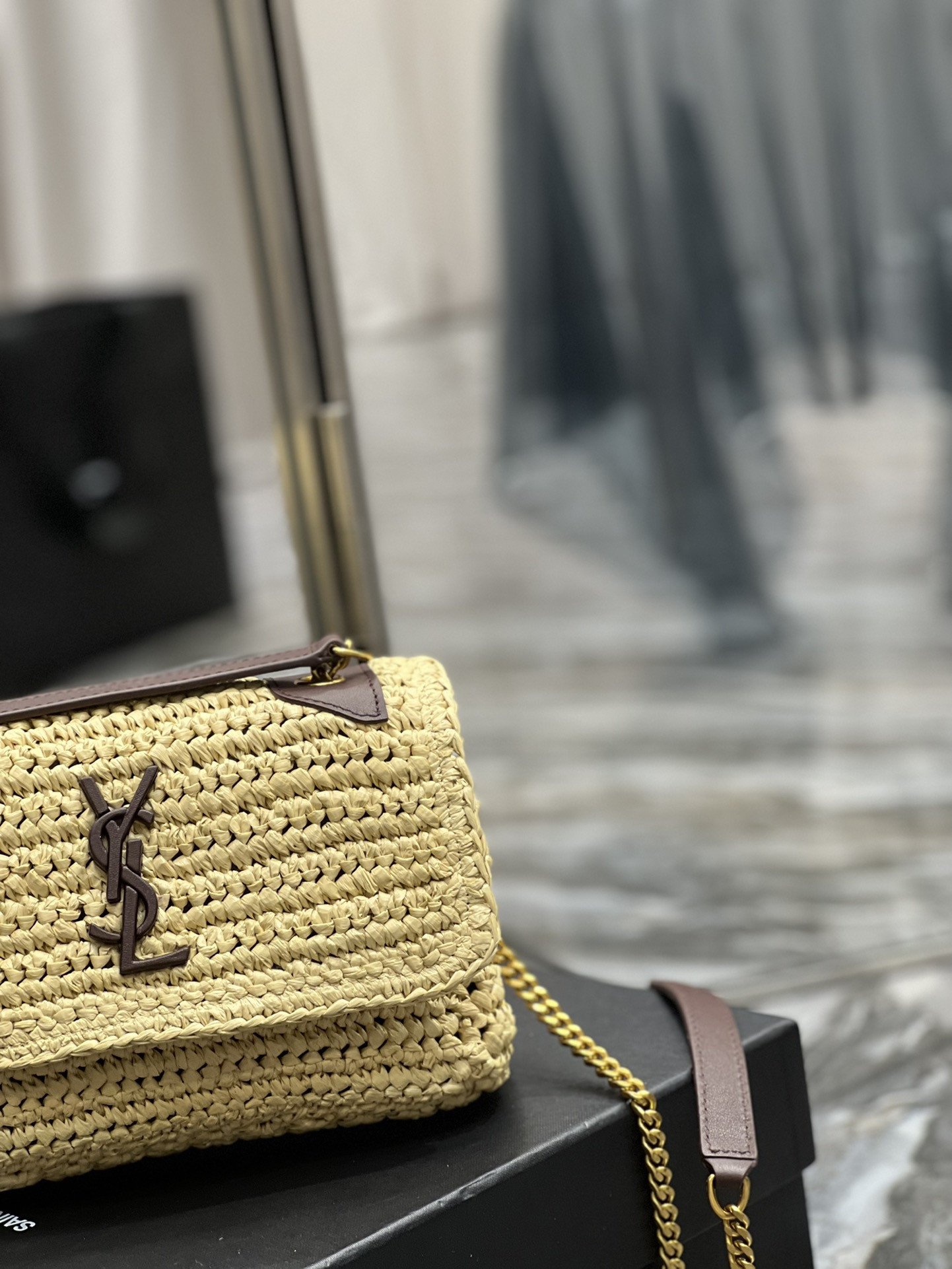 Y*L niki chain bag in raffia and leather beige 22×16.5×12 cm