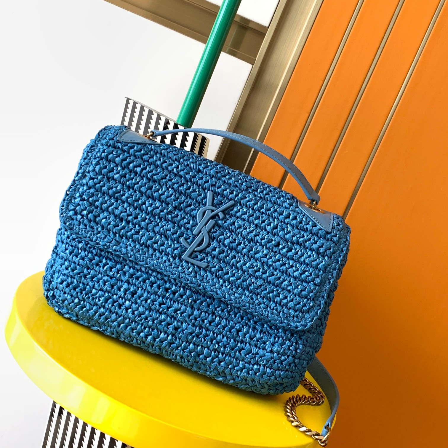Y*L niki medium chain bag in raffia and leather blue 11 x 7.8 x 3.3 inches
