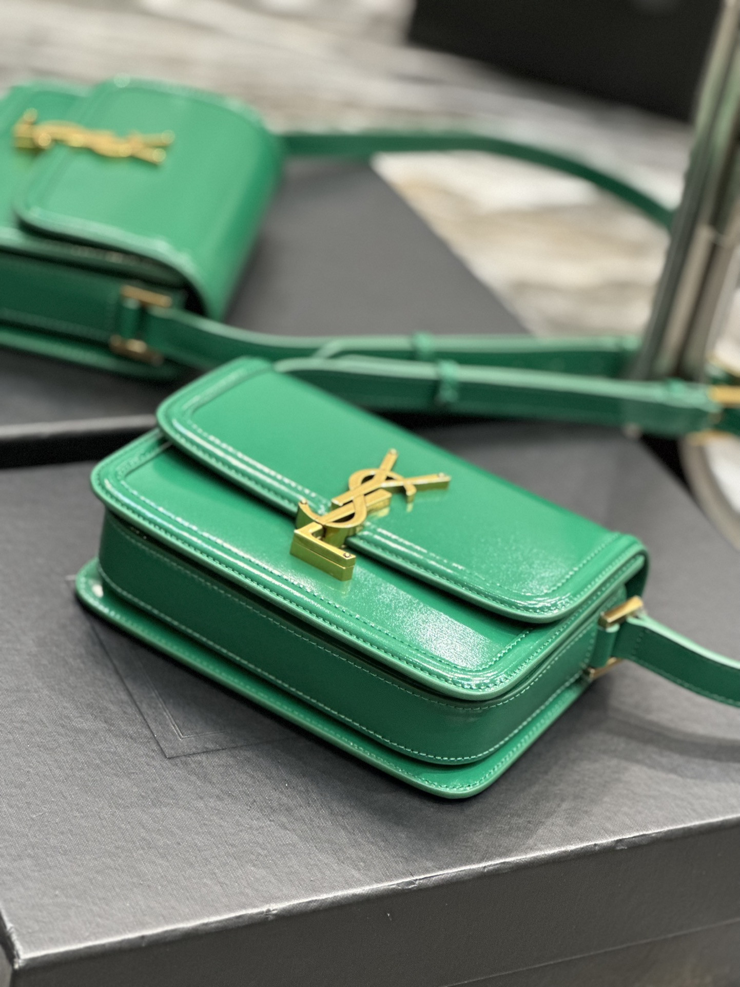 y*l solferino small satchel in box Sa**t Lau*nt green 7.4 x 5.1 x 1.9 inches