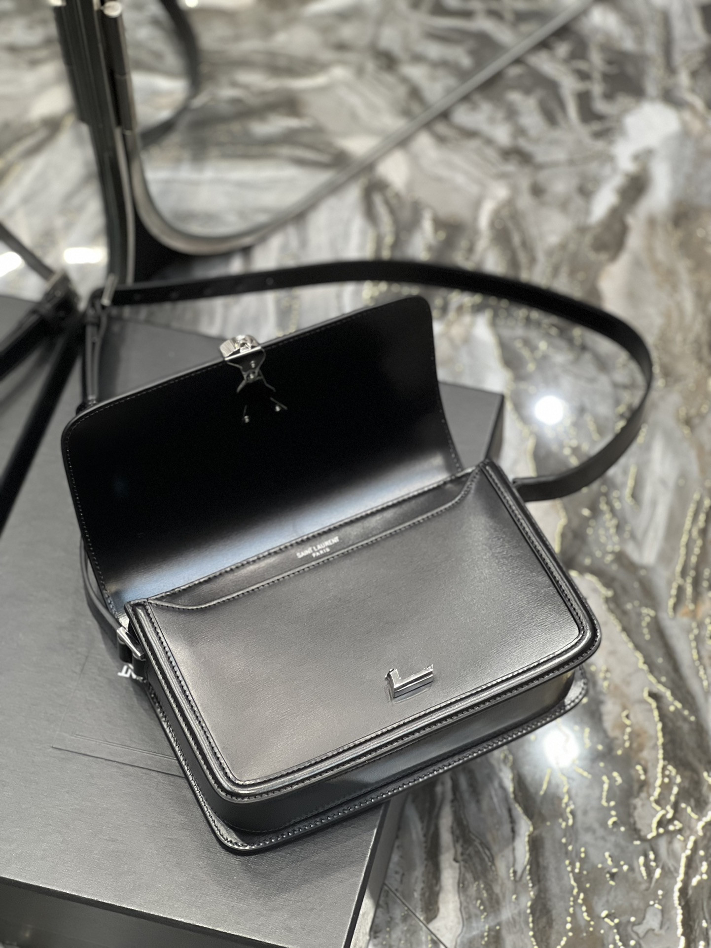 Y*L solferino medium in glazed leather black 9.1 x 6.3 x 2.4 inches