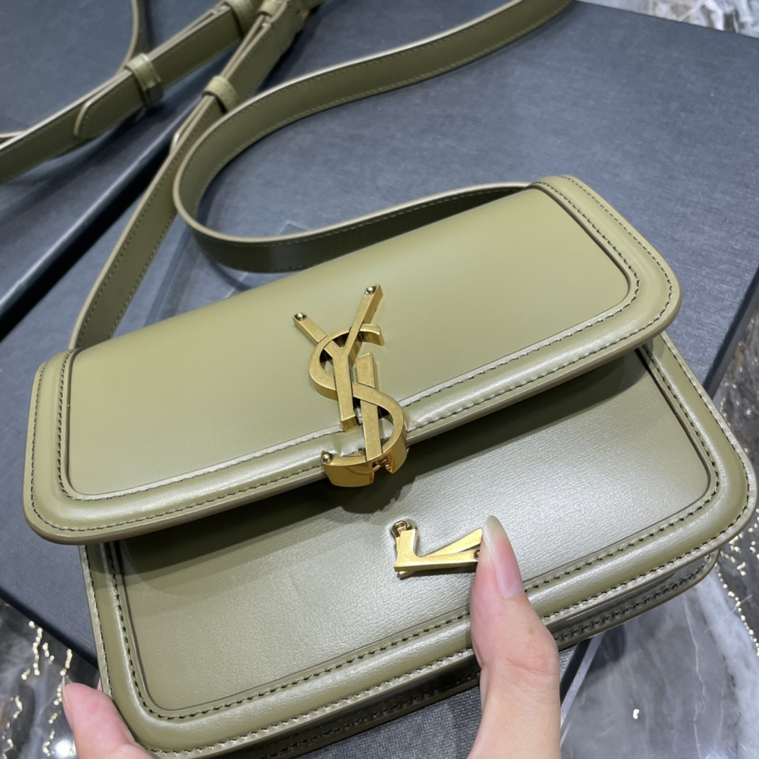 y*l solferino small satchel in box Sa**t Lau*nt avocado green 7.4 x 5.1 x 1.9 inches