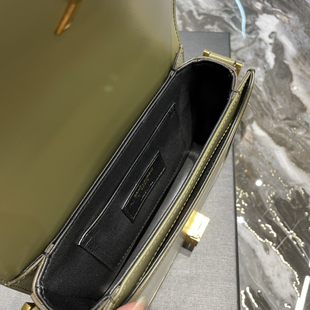 y*l solferino small satchel in box Sa**t Lau*nt avocado green 7.4 x 5.1 x 1.9 inches