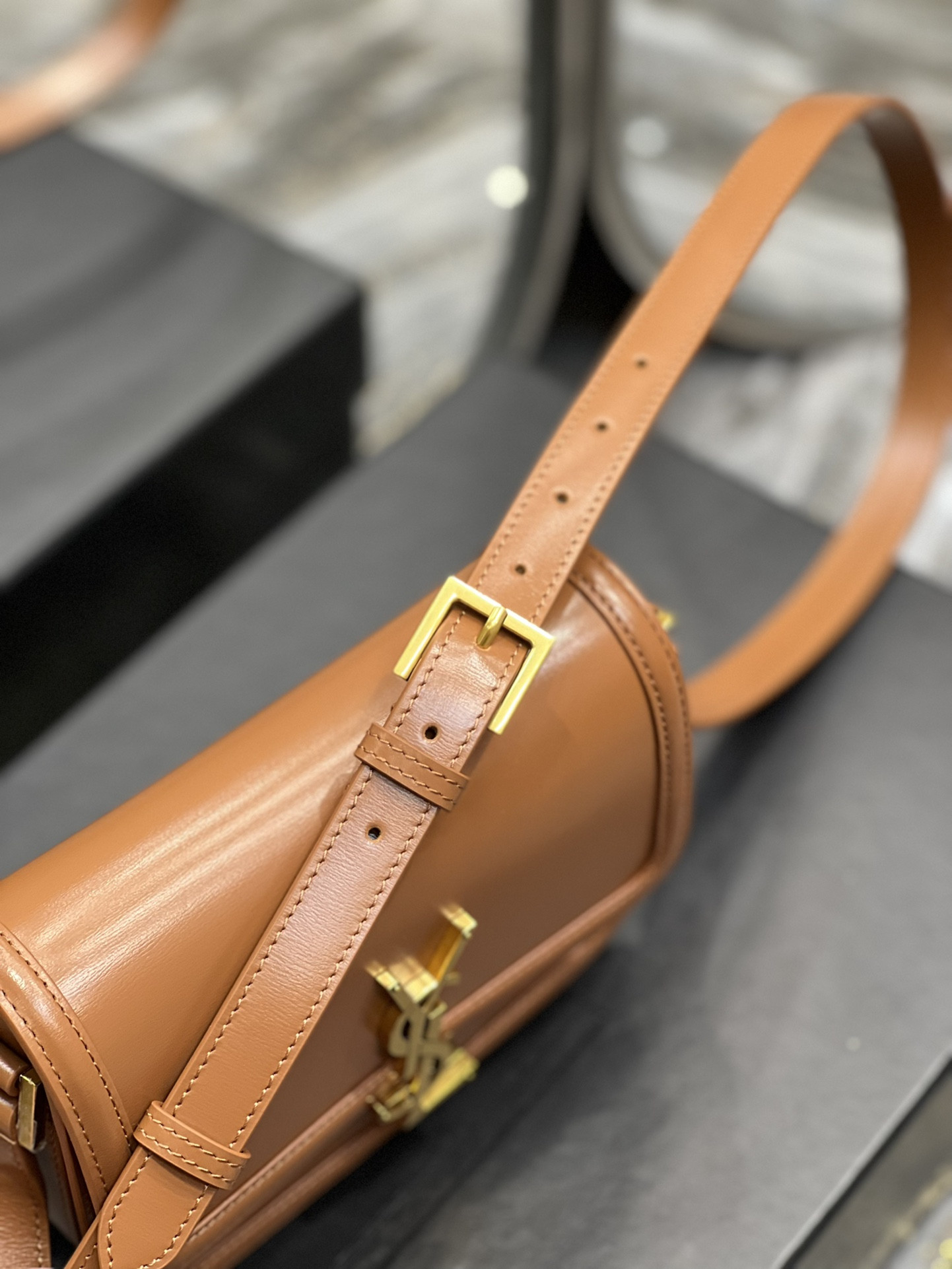y*l solferino small satchel in box Sa**t Lau*nt brwon 7.4 x 5.1 x 1.9 inches