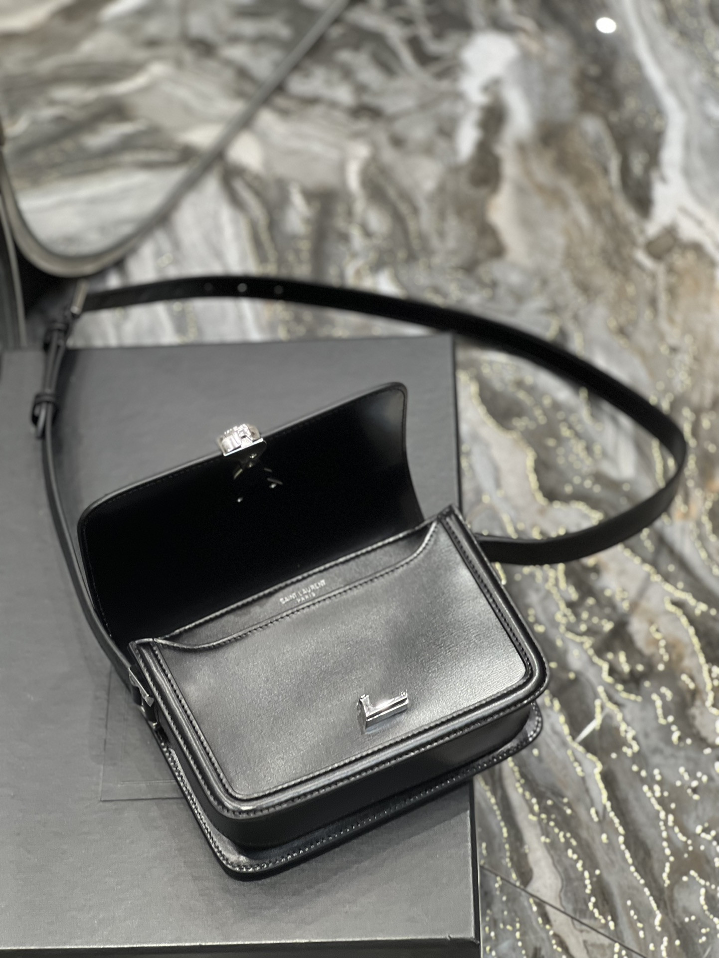 Y*L solferino small in glazed leather  7.4 x 5.1 x 1.9 inches