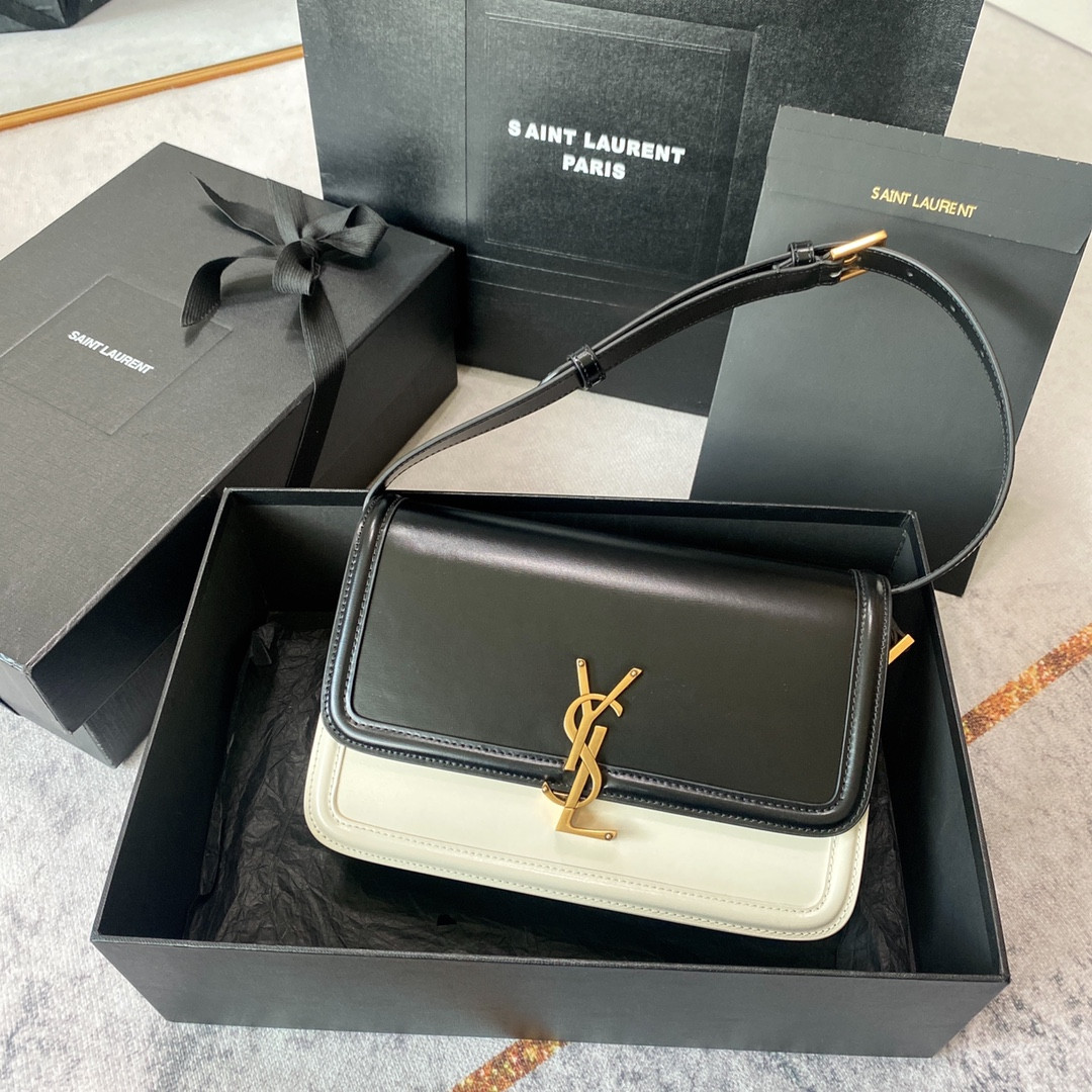 y*l solferino medium satchel in box Sa**t Lau*nt black white 9.1 x 6.3 x 2.4 inches