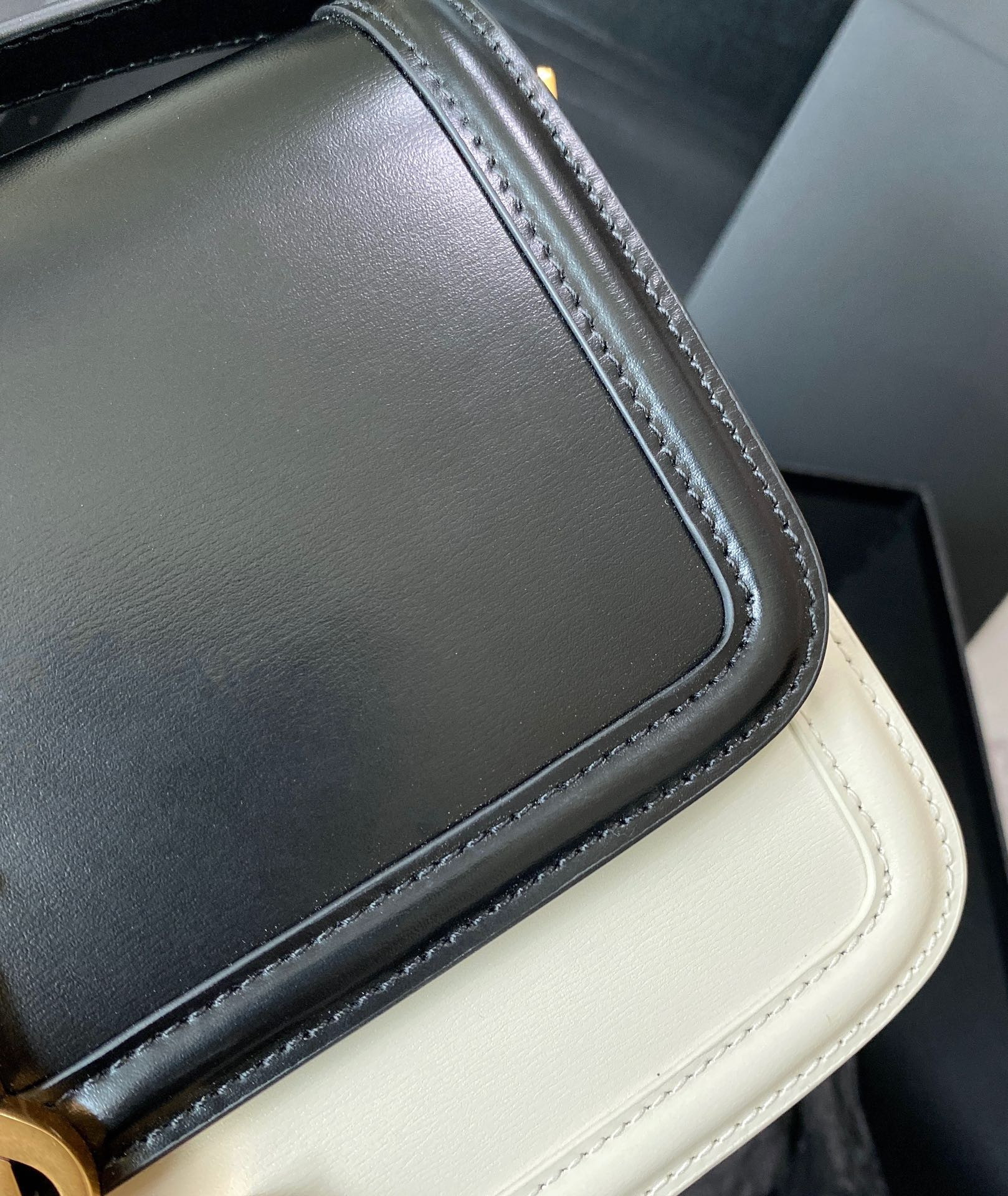 y*l solferino medium satchel in box Sa**t Lau*nt black white 9.1 x 6.3 x 2.4 inches
