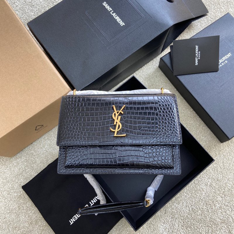 Y*L sunset medium in crocodile-embossed leather black 8 x 6.2 x 2.5 inches