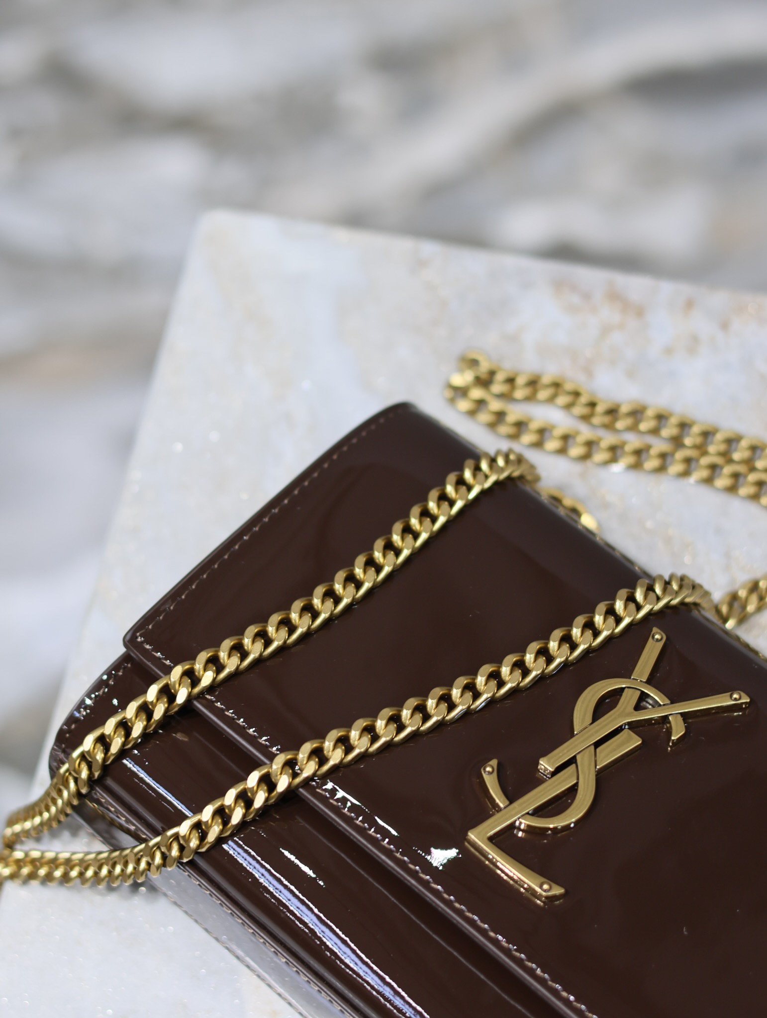 Y*L kate small in shiny leather coffee 7.8 x 4.9 x 1.9 inches