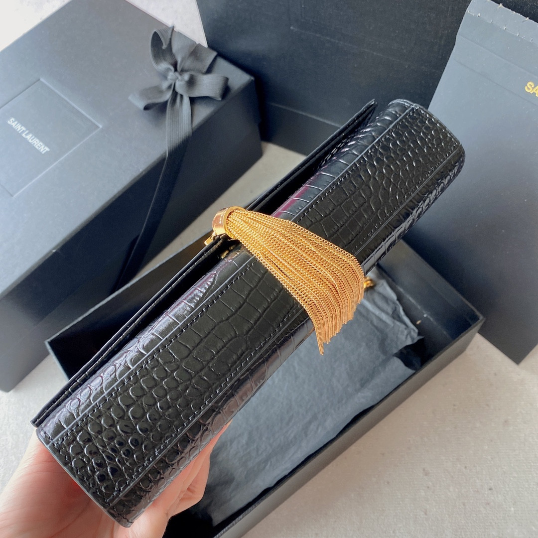 Y*L kate medium tassel in crocodile-embossed leather black 9.4 x 5.7 x 2.1 inches
