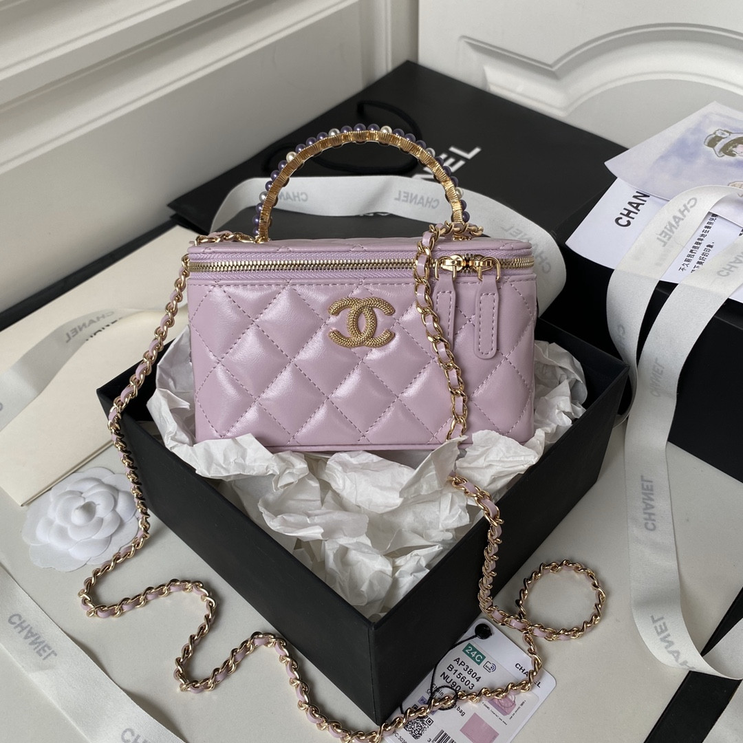 Ch*el 24p chain leather square box shoulder bag purple 16x10x8cm