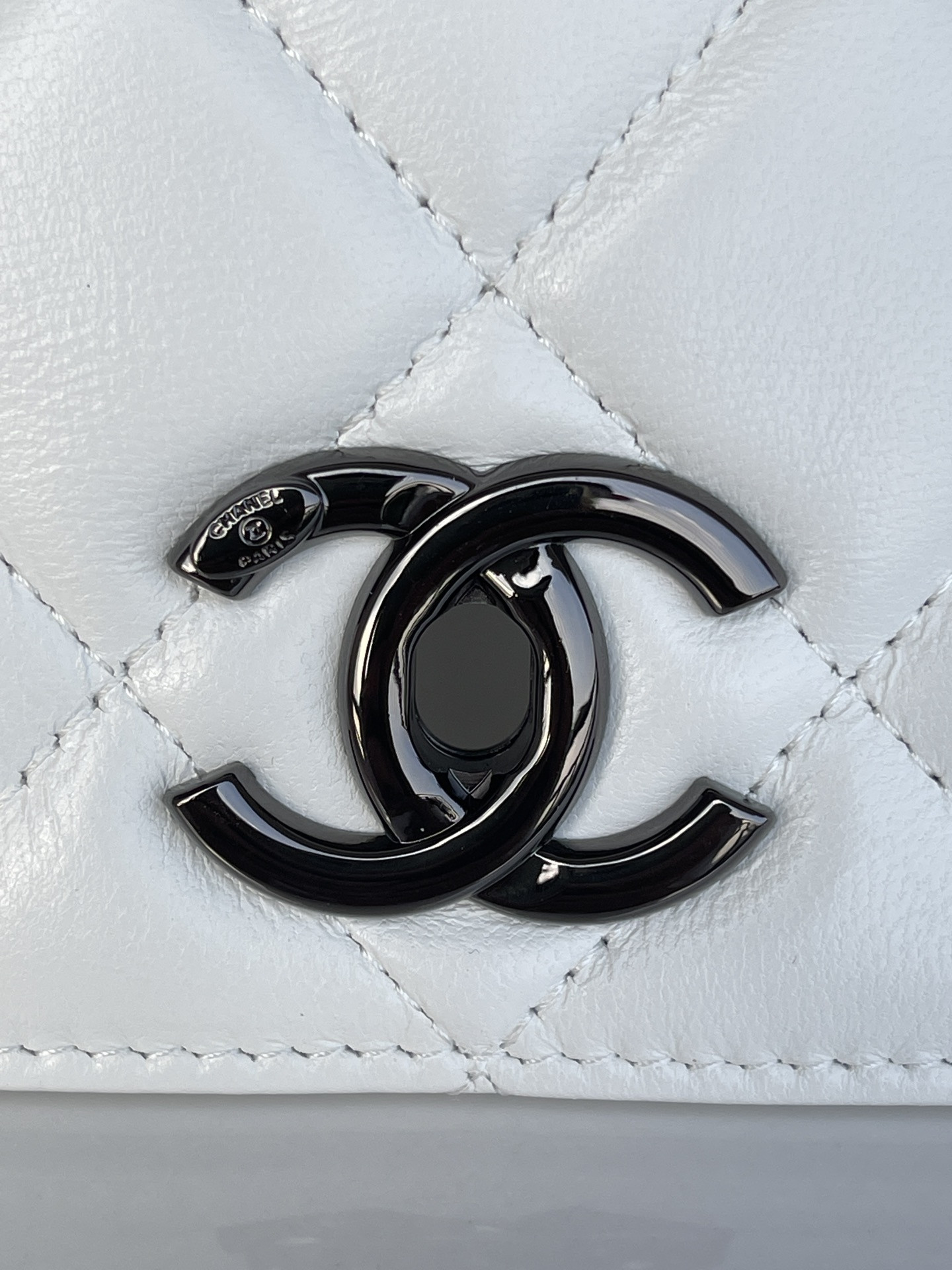 Ch*el flap bag with top handle white 6.6 × 9.8 × 4.7 in