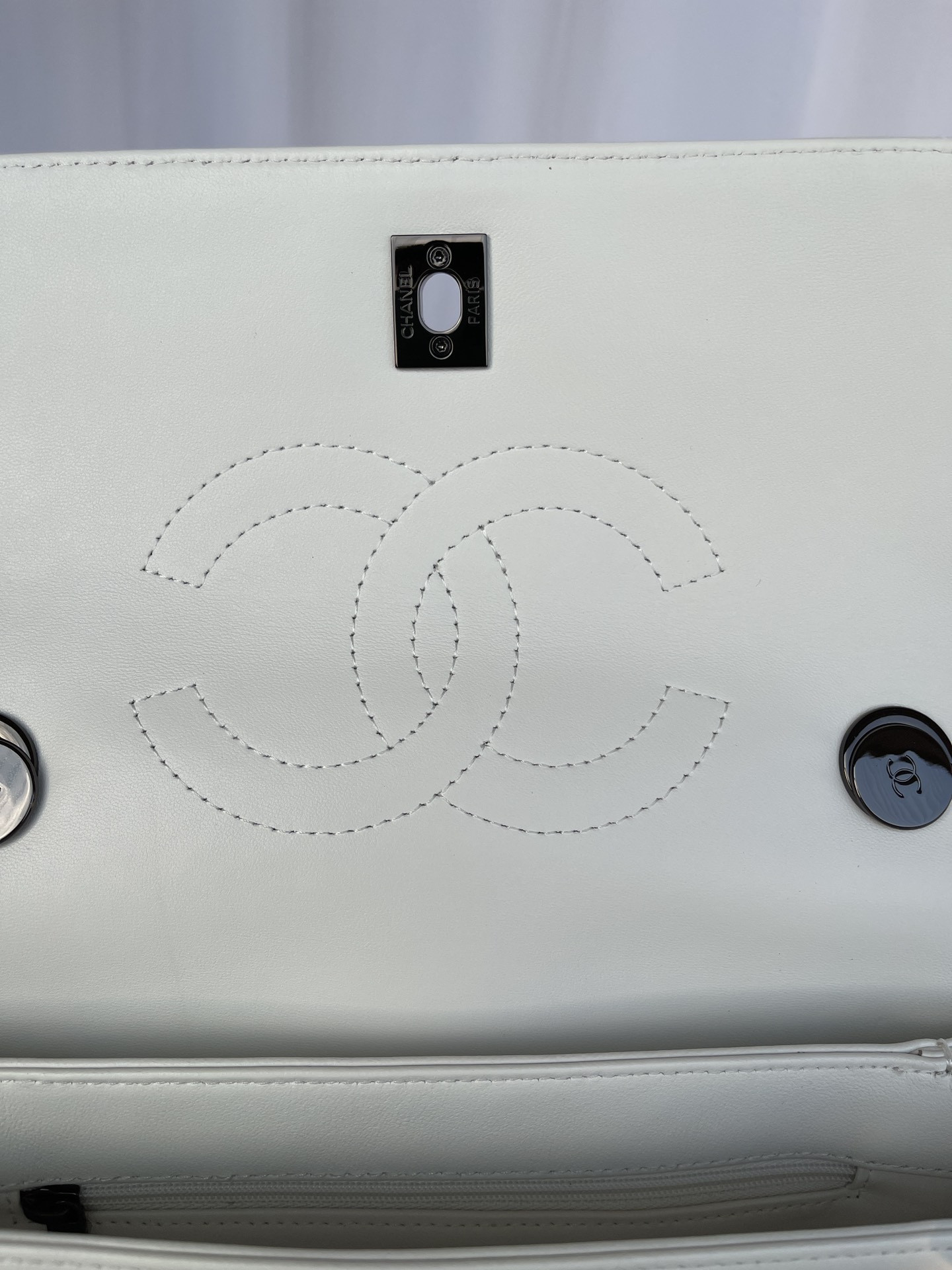 Ch*el flap bag with top handle white 6.6 × 9.8 × 4.7 in