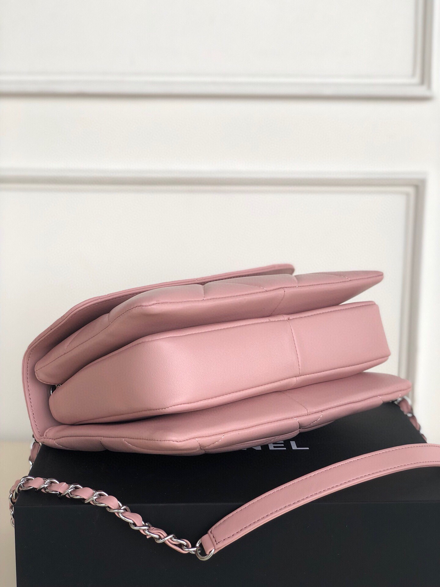 Ch*el flap bag with top handle 6.6 × 9.8 × 4.7 in