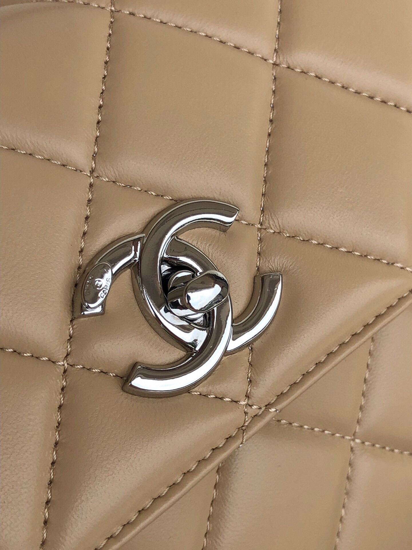 Ch*el flap bag with top handle 6.6 × 9.8 × 4.7 in