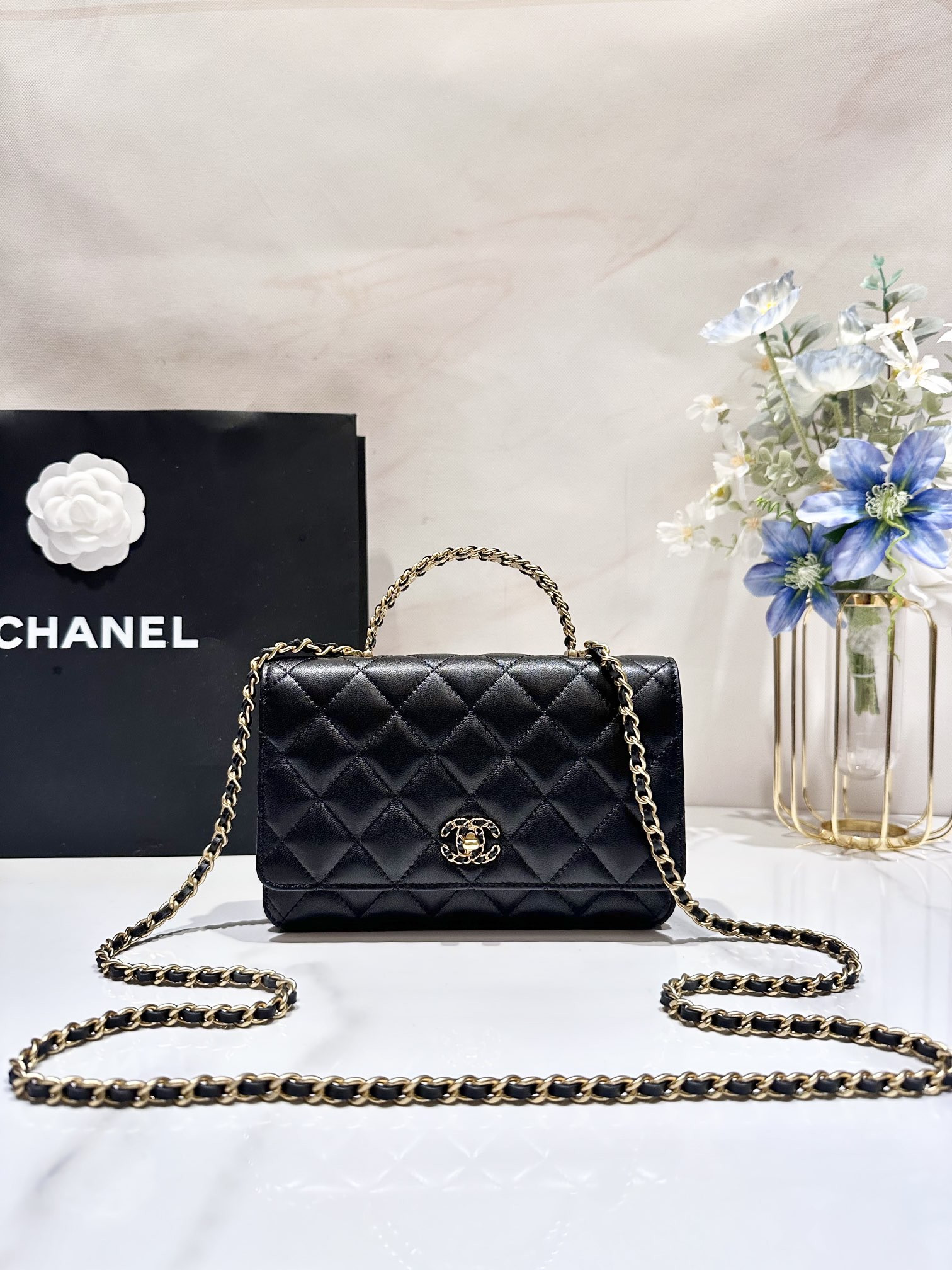 Ch*el classic wallet on chain rhinestone handle 4.8 × 7.5 × 1.4 in