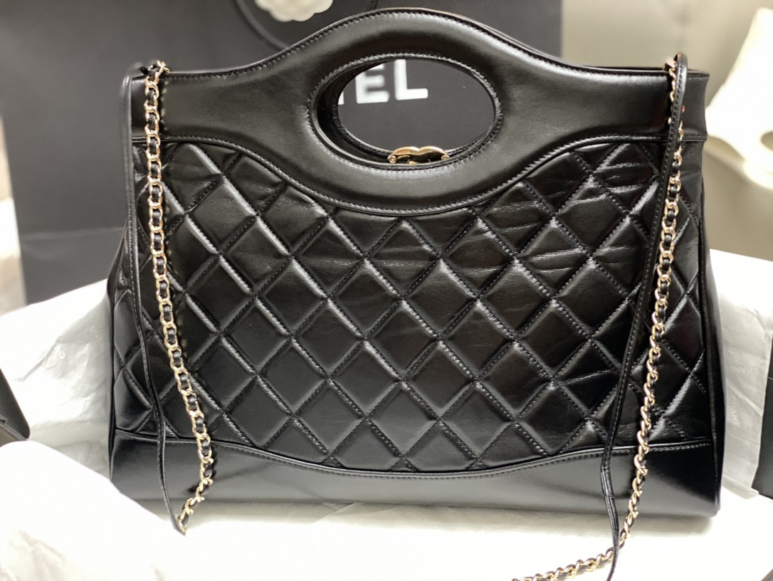 Ch*el shopping bag shiny lambskin & gold-tone metal black 35x39x8cm