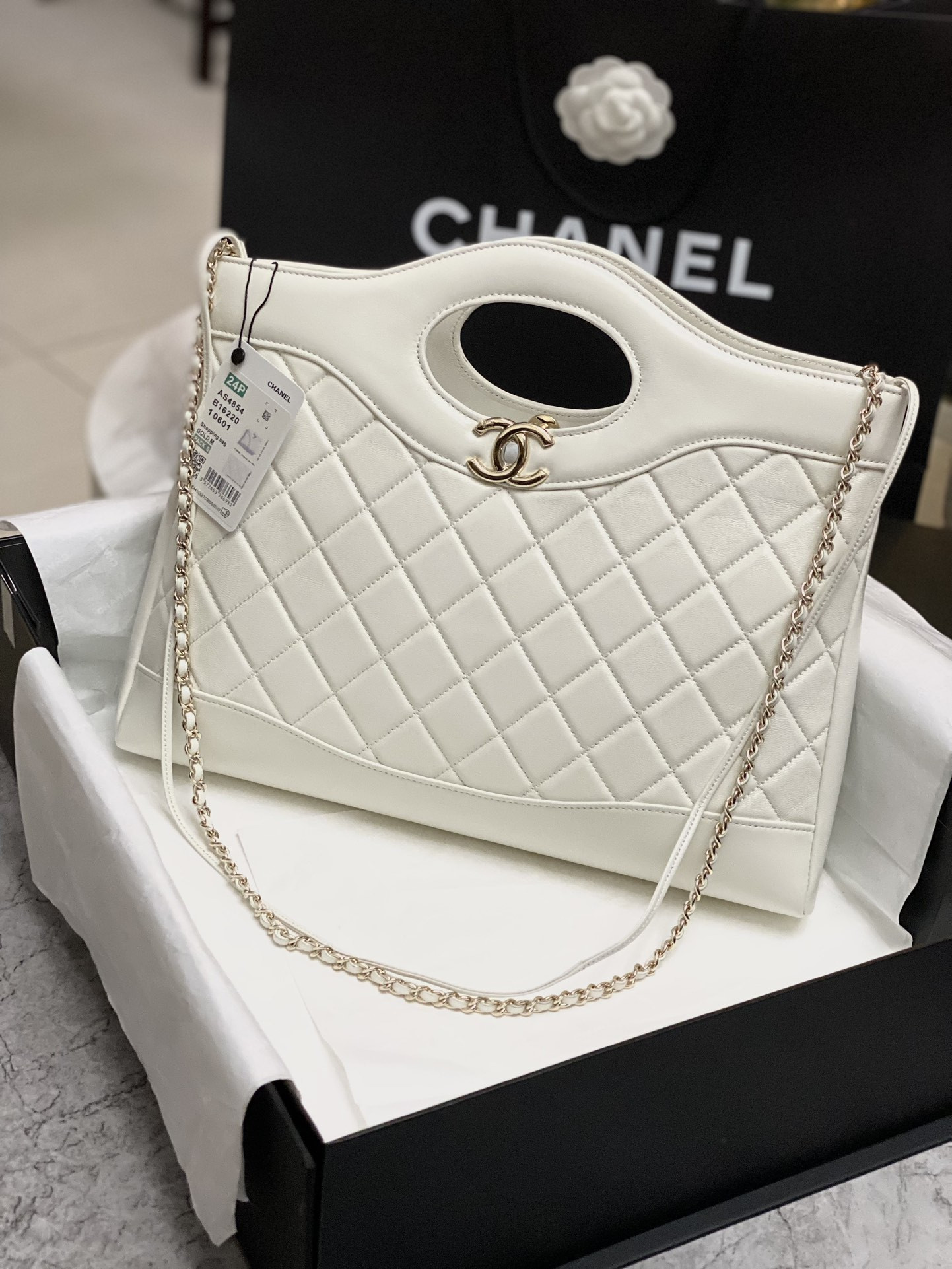 Ch*el  shopping bag shiny lambskin & gold-tone metal 35x39x8cm