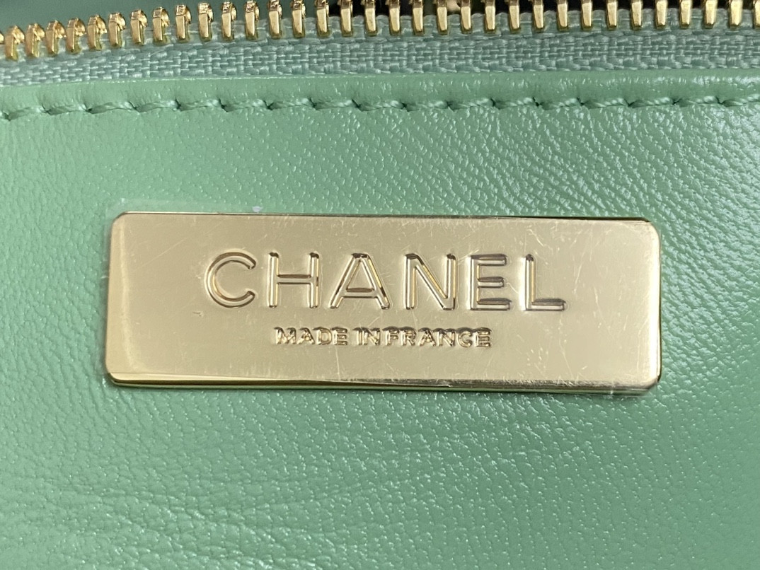 Ch*el shopping bag shiny lambskin & gold-tone metal light green 11.7 × 11.3 × 3.5 in