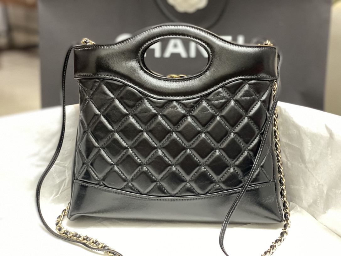 Ch*el mini shopping bag shiny lambskin & gold-tone metal black 22x23x5.5cm